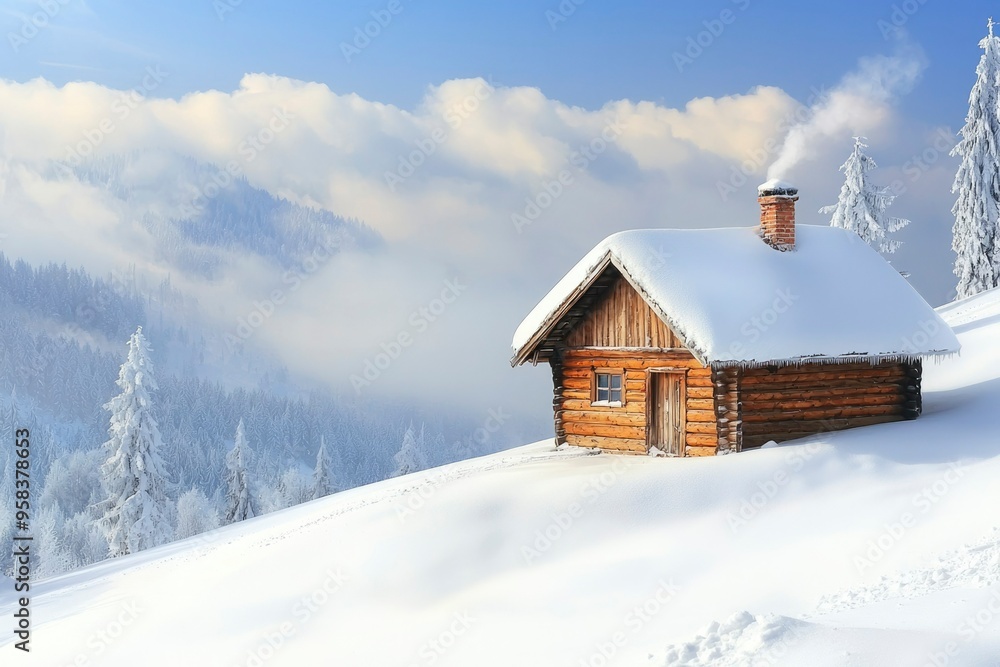 A Snowy Cabin with Smoke Rising from its Chimney in a Mountainous Landscape A Snowy Cabin with Smoke Rising from its Chimney in a Mountainous Landscape