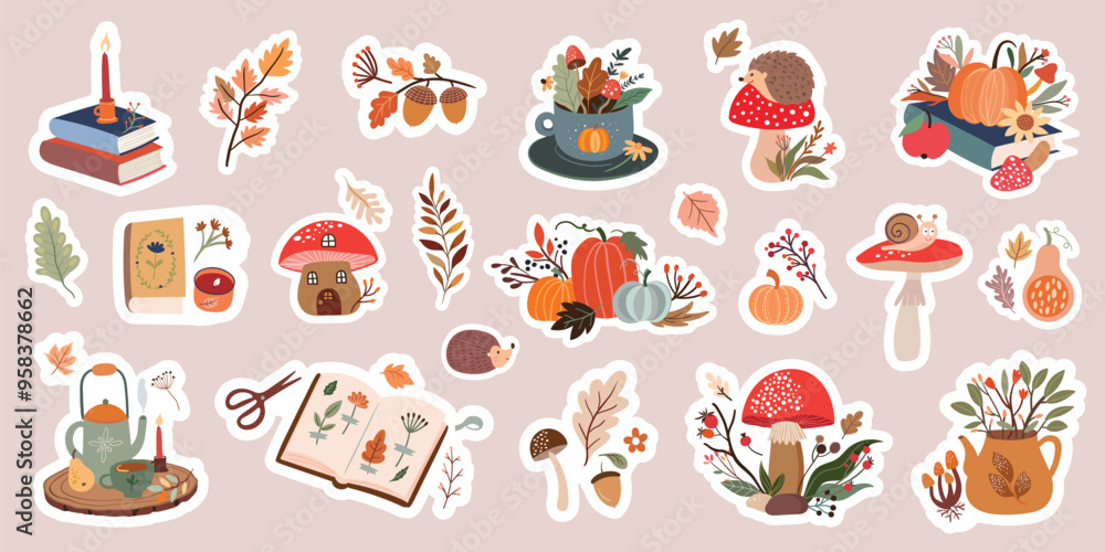 Autumn stickers collection, decorative seasonal arrangements, vector elements, fall decoration Autumn stickers collection, decorative seasonal arrangements, vector elements, fall decoration