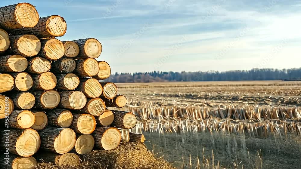 collection of felled trees stacked in a field, highlighting the raw material and rustic setting with ample space for supplementary design elements or information collection of felled trees stacked in a field, highlighting the raw material and rustic setting with ample space for supplementary design elements or information