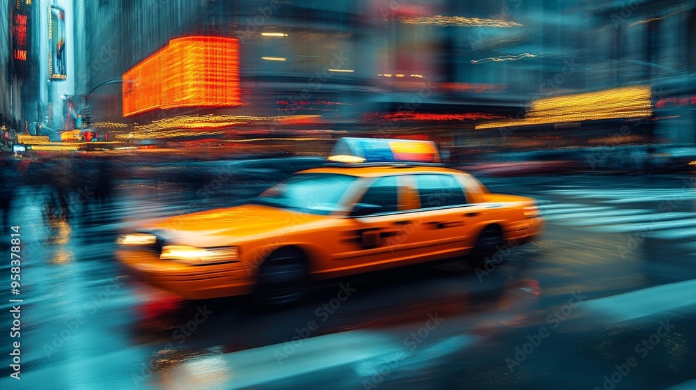A yellow taxi cab is driving down a busy city street at night A yellow taxi cab is driving down a busy city street at night