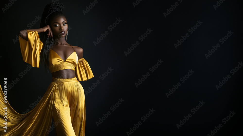 Fototapeta premium Elegante afroamerikanische Frau in glitzerndem Abendkleid. Selbstbewusster Blick, perfektes Make-up. Luxuriöser Hintergrund. Studiobeleuchtung betont Glamour