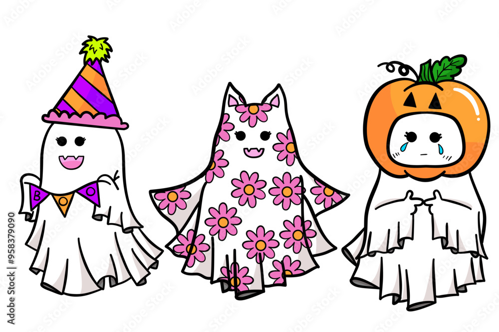 Cute ghost cartoon in happy Halloween illustration set. Cute ghost cartoon in happy Halloween illustration set.