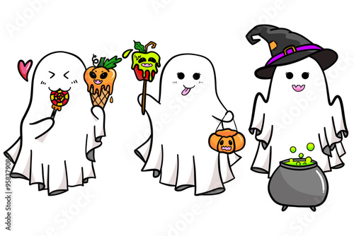 Cute ghost cartoon in happy Halloween illustration set.