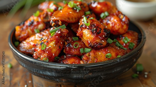 A bowl of delicious, crispy, Asian-style chicken wings, glazed in a sweet and spicy sauce, garnished with sesame seeds and green onions.