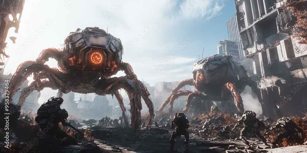 Two giant mechanical spiders in a ruined city. Stock Illustration ...