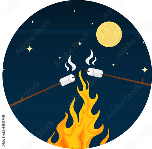 Marshmallow on fire, marshmallow icon, marshmallow sticks on fire. Vector, cartoon illustration. Vector.