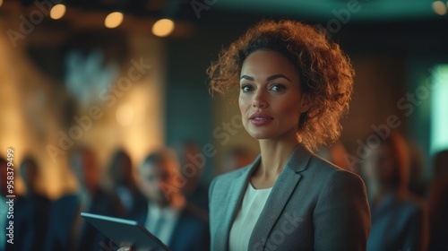 Confident businesswoman holding a tablet in a meeting.