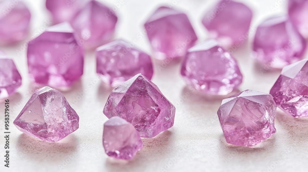 A close-up of scattered raw uncut pink diamonds on a light surface, with soft focus and space for text A close-up of scattered raw uncut pink diamonds on a light surface, with soft focus and space for text
