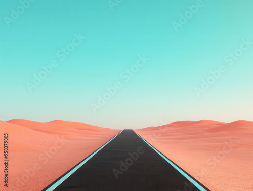 Open desert road under clear blue sky, stretching through sandy dunes. Perfect for travel, adventure, and landscape themes.