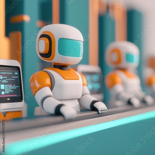 Robots working at computer workstations in a modern office. Concept of artificial intelligence and automation in the workplace.