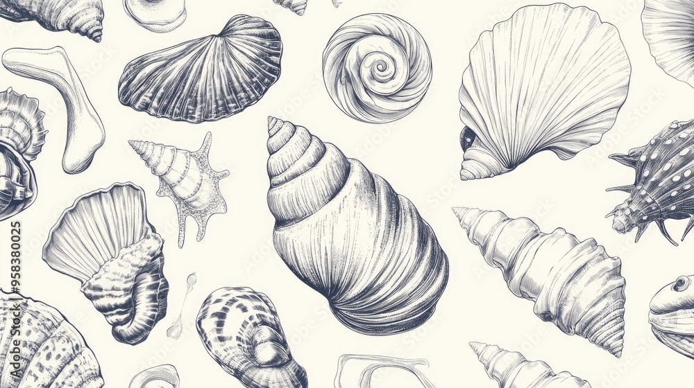 Line art illustration of seashells and cowries featuring dashed lines and labels in a hand drawn pattern Line art illustration of seashells and cowries featuring dashed lines and labels in a hand drawn pattern