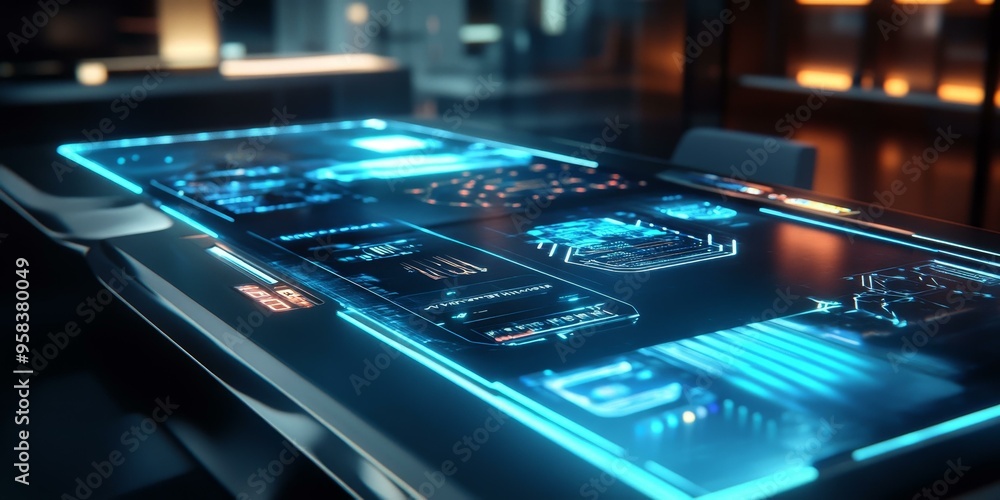 Futuristic glowing blue interface on a table. Futuristic glowing blue interface on a table.