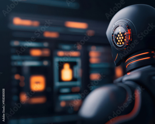 A futuristic robot working on a high-tech interface, showcasing advanced technology and innovation in a cyber environment.