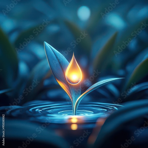 A small plant with a glowing drop in a serene, dark, and mystical environment, symbolizing growth and hope.