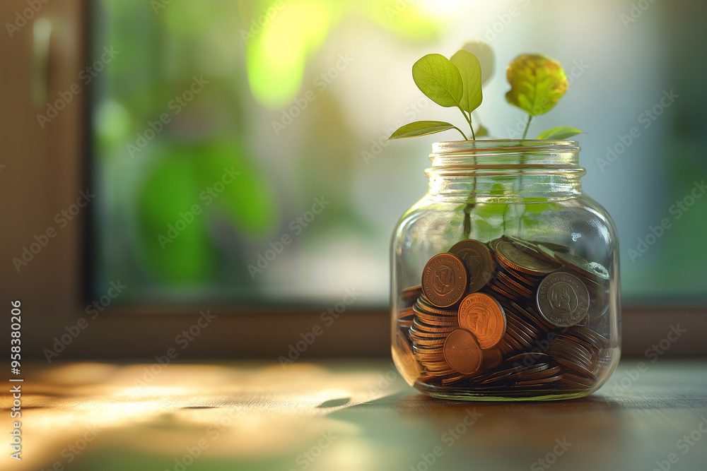 Glass Jar with Coins and Growing Plant Glass Jar with Coins and Growing Plant