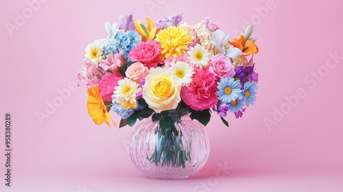 Wallpaper Mural A vase filled with colorful flowers on a pink background Torontodigital.ca