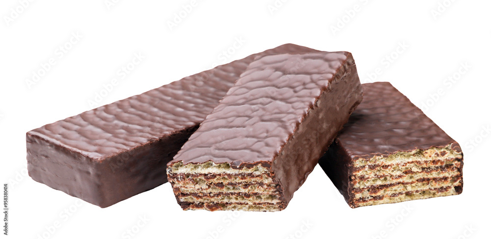 Wafer in chocolate and two halves on white background. Isolated Wafer in chocolate and two halves on white background. Isolated