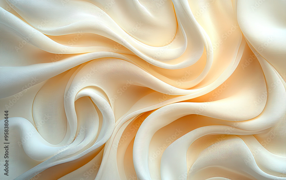 Fototapeta premium Close-up of cream-colored silk fabric, swirling and undulating in the wind, creating an elegant background. Created with Ai