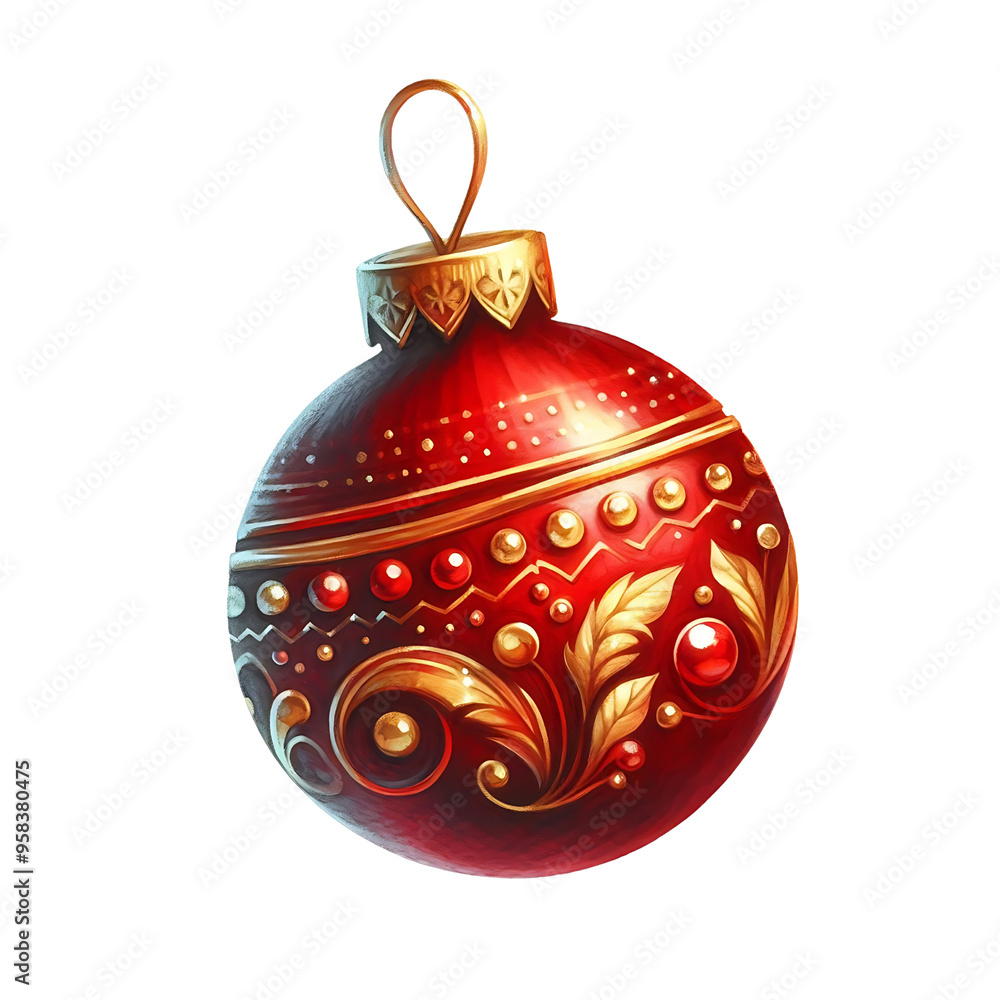 Red Christmas ball ornament with decorative golden swirl patterns cut out. Watercolor illustration of holiday decoration. Red Christmas ball ornament with decorative golden swirl patterns cut out. Watercolor illustration of holiday decoration.