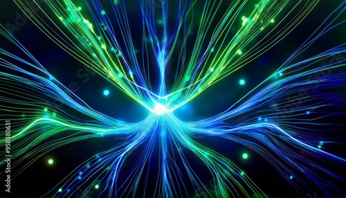 A dynamic, colorful 3D representation of a neural network in action. The image shows interconnected nodes and synapses, glowing with vibrant colors like electric blue and neon green, symbolizing data 