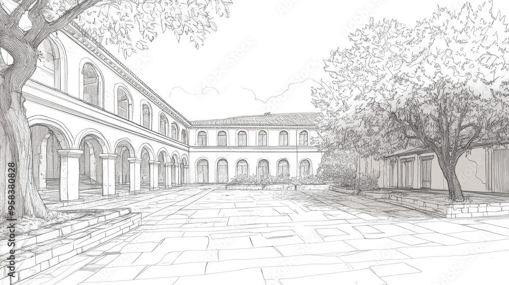 Line art of a historic courtyard featuring a fort known for its past significance showcasing architectural details and cultural heritage Line art of a historic courtyard featuring a fort known for its past significance showcasing architectural details and cultural heritage