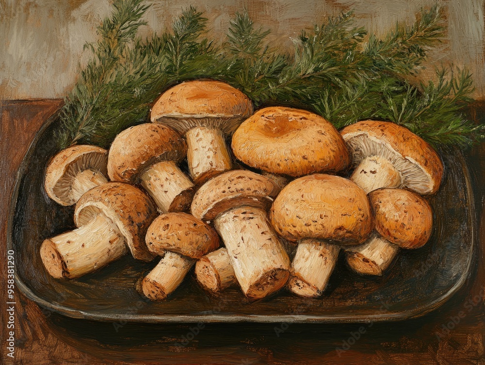 Oil painting depicting fresh champignon mushrooms arranged on a dark tray showcasing the vibrant details of the mushrooms against the contrasting background Oil painting depicting fresh champignon mushrooms arranged on a dark tray showcasing the vibrant details of the mushrooms against the contrasting background