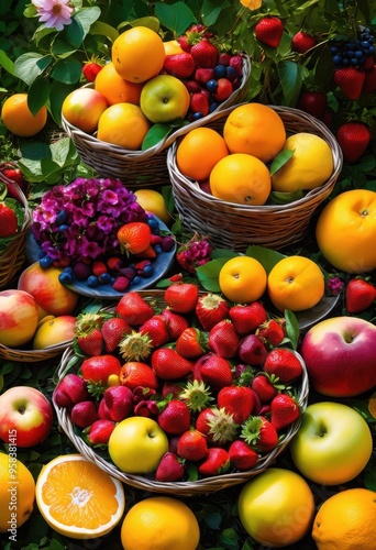 vibrant seasonal fruits displayed amidst lively garden setting colorful flowers lush greenery, apples, berries, blossoms, carrots, cultivation, foliage