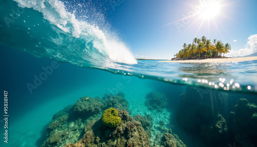 Fototapeta Naklejka Na Ścianę i Meble -  A wave crashing with a tropical island in the background.