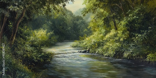Oil painting depicting a serene riverside scene with flowing water surrounded by lush greenery