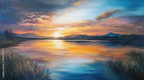 Wallpaper Mural Oil painting capturing a serene sunset over a tranquil lake showcasing vibrant colors and a peaceful atmosphere Torontodigital.ca