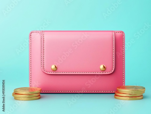 Stylish pink wallet on a blue background, adorned by gold coins, perfect for showcasing fashion and finance. photo