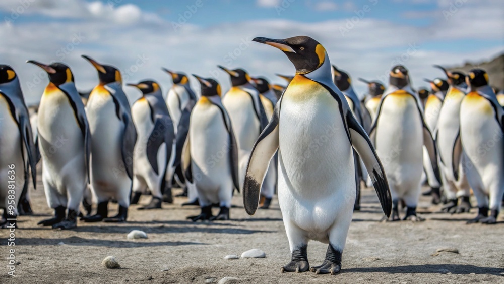 Obraz premium King penguin making way through a group of penguins 