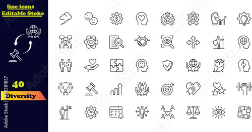 Diversity icon set featuring a collection of stroke icons that represent equality, culture, languages, tolerance, differences, belonging, human rights, and ethnicity. The icons are editable and outlin