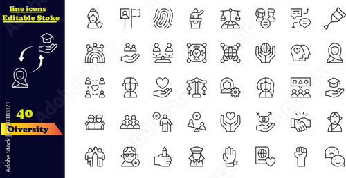 Diversity icon set featuring a collection of stroke icons that represent equality, culture, languages, tolerance, differences, belonging, human rights, and ethnicity. The icons are editable and outlin