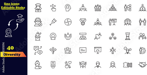 Diversity icon set featuring a collection of stroke icons that represent equality, culture, languages, tolerance, differences, belonging, human rights, and ethnicity. The icons are editable and outlin