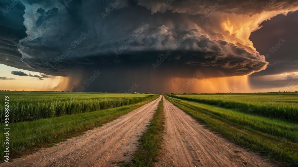 Supercell thunderstorm over dirt road and green fields at sunset Supercell thunderstorm over dirt road and green fields at sunset