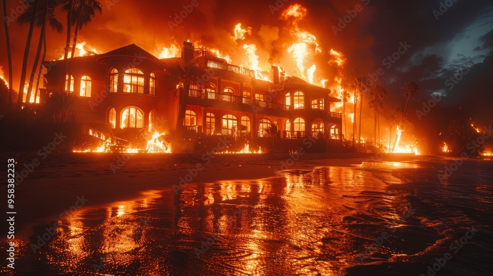 An upscale villa on the shore is ablaze, with a large fire engulfing the opulent property in flames and smoke by the sea. An upscale villa on the shore is ablaze, with a large fire engulfing the opulent property in flames and smoke by the sea.