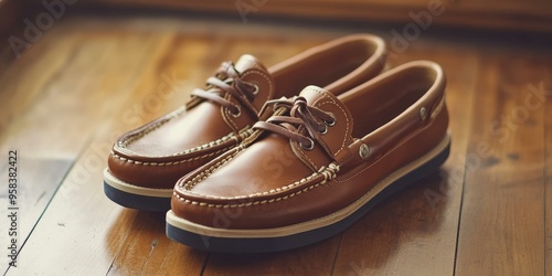 Brown leather boat shoes on a wooden floor.