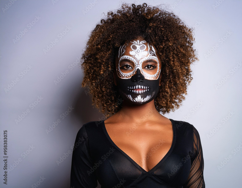 Portrait of Woman Wearing Skull and Bone Mask for Halloween or D?a de los Muertos Celebration Portrait of Woman Wearing Skull and Bone Mask for Halloween or D?a de los Muertos Celebration