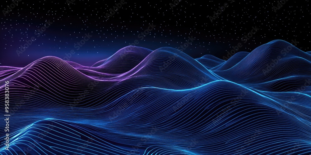 Line art illustration of glowing lines representing the concept of the contemporary digital landscape in a 3D perspective Line art illustration of glowing lines representing the concept of the contemporary digital landscape in a 3D perspective