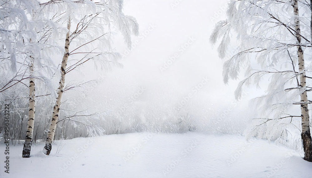 Winter Harmony: White Birch Branches and Snowy Ground - Serene Winter Woodland Background Winter Harmony: White Birch Branches and Snowy Ground - Serene Winter Woodland Background