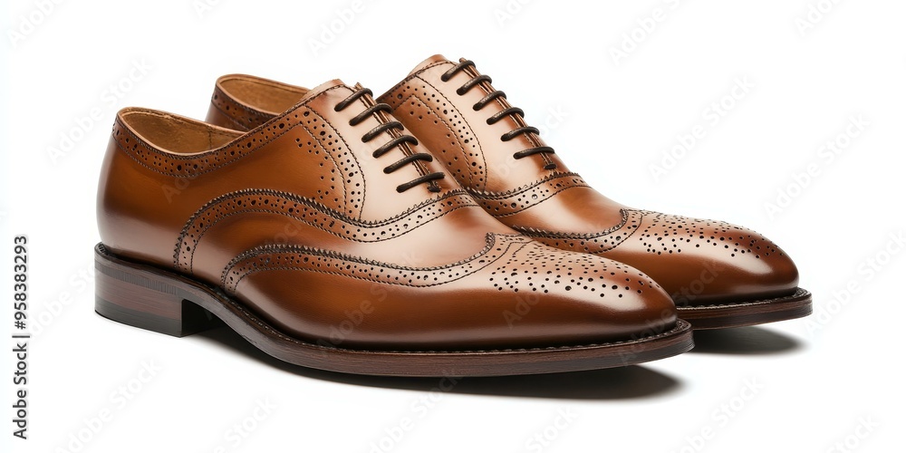 Brown leather brogue shoes with laces. Brown leather brogue shoes with laces.