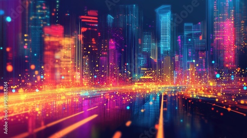 Abstract line art illustration depicting city night lights with a motion blur effect