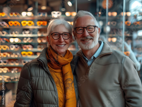 A smiling, glasses-wearing retired couple posing for a photo in a store with a large selection of glasses.