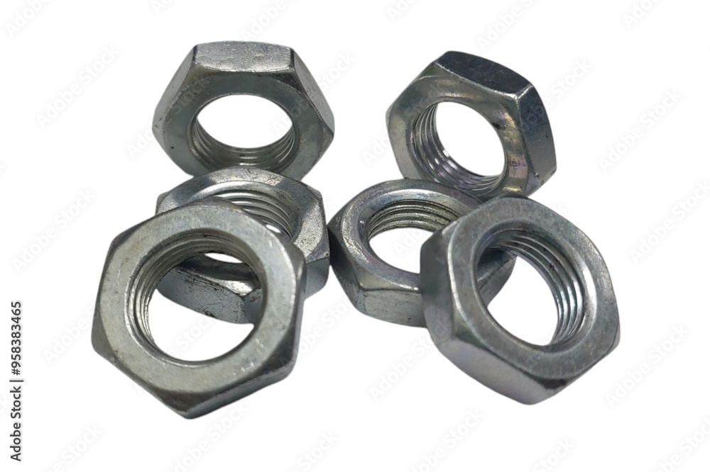 Metal nut with metric thread. Metal accessories for assembling metal parts and isolated on white background. Metal nut with metric thread. Metal accessories for assembling metal parts and isolated on white background.