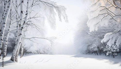 Winter Harmony: White Birch Branches and Snowy Ground - Serene Winter Woodland Background photo