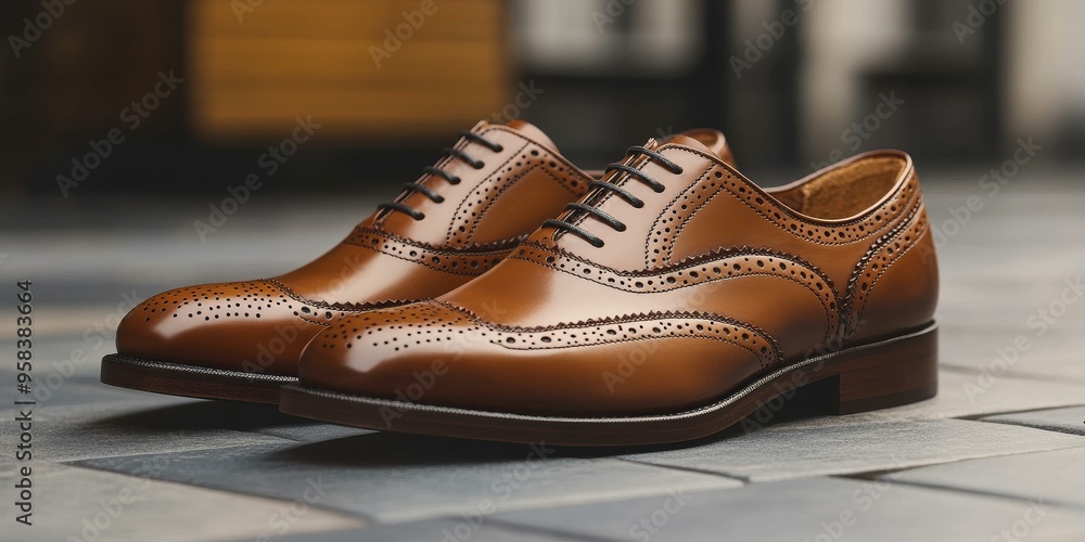 Brown leather brogue shoes on a tiled floor. Brown leather brogue shoes on a tiled floor.