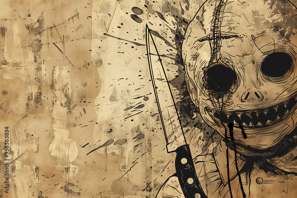 Φωτογραφία Killer Doll illustration of a sinister toy holding a bloody knife in spooky copy