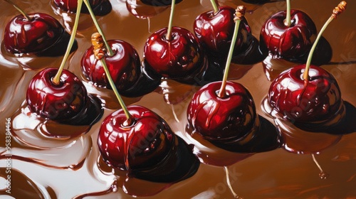 Oil painting depicting chocolate covered cherries surrounded by their rich syrup showcasing the deliciousness of this sweet treat in an artistic manner photo