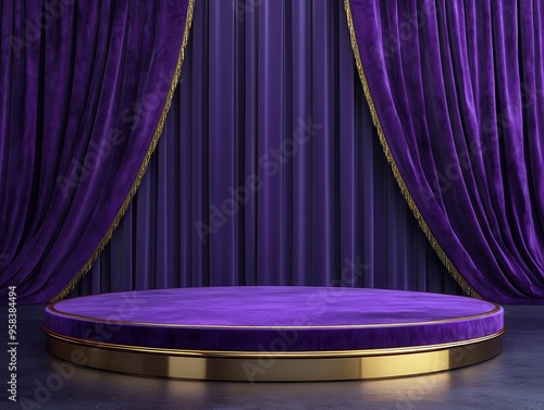 Luxurious purple velvet podium with gold accents and drapes
